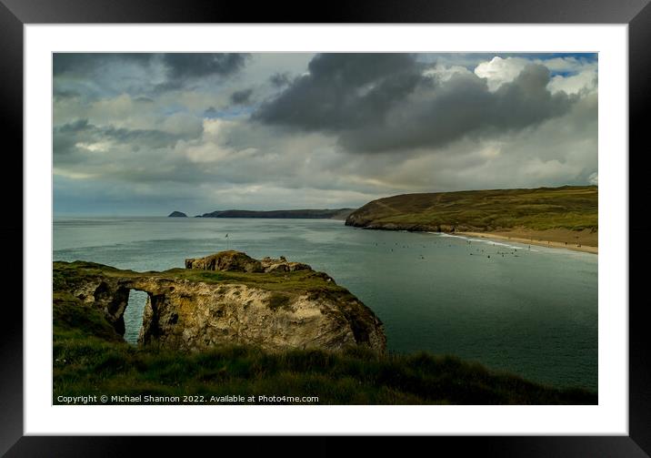 Moody, atmospheric day in Perranporth in Cornwall Framed Mounted Print by Michael Shannon