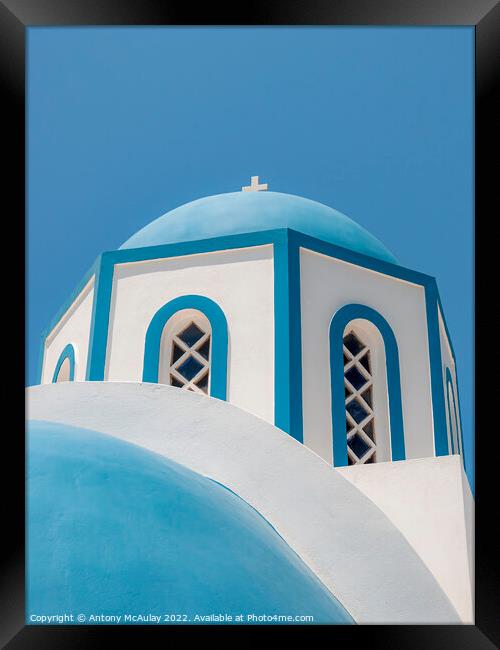 Santorini Blue Domed Church at Kamari Framed Print by Antony McAulay