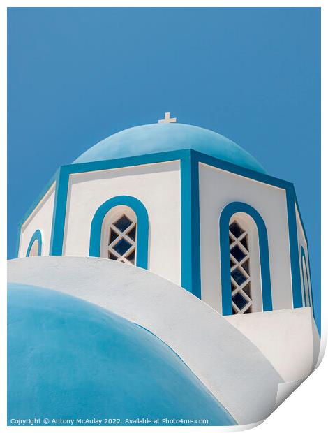 Santorini Blue Domed Church at Kamari Print by Antony McAulay