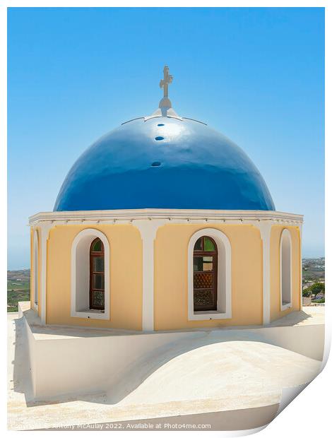 Santorini Blue Domed Church Print by Antony McAulay