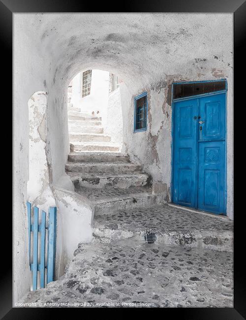 Santorini Narrow Alley Stairwell Framed Print by Antony McAulay