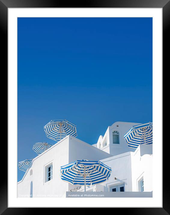 Santorini Parasol Paradise Framed Mounted Print by Antony McAulay