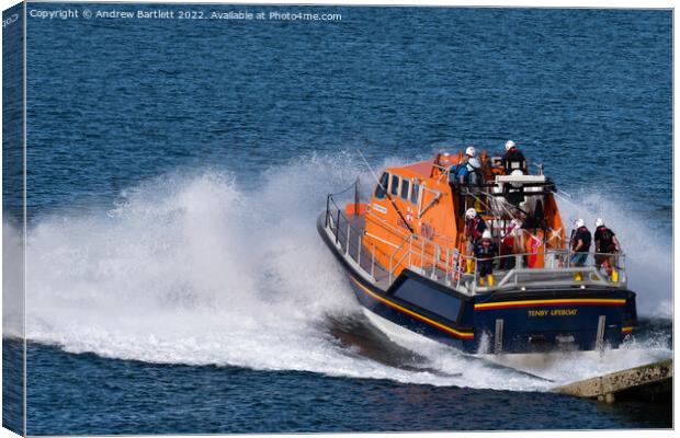 Tenby Lifeboat at launch, Pembrokeshire UK. Canvas Print by Andrew Bartlett