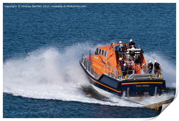 Tenby Lifeboat at launch, Pembrokeshire UK. Print by Andrew Bartlett