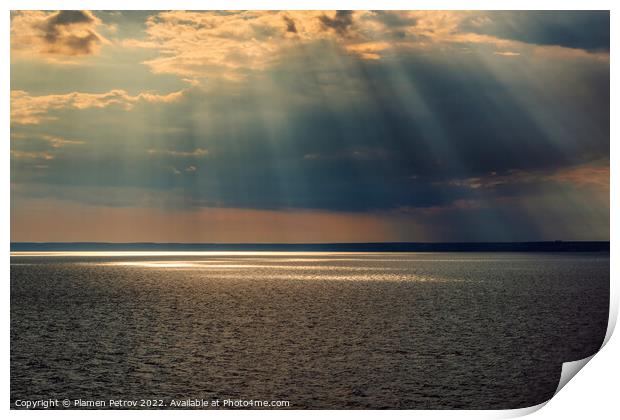 Cloudscape with sun rays over sea. Print by Plamen Petrov