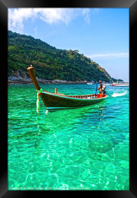 Emerald water and long tail boat, Koh Racha Ya Framed Print by Kevin Hellon