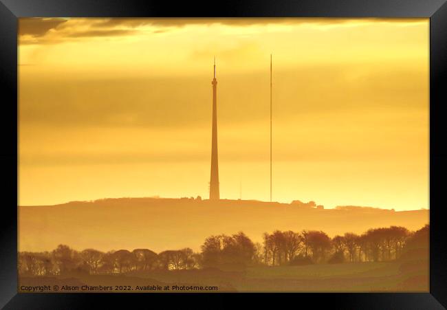 Golden Dawn At Emley Moor Framed Print by Alison Chambers