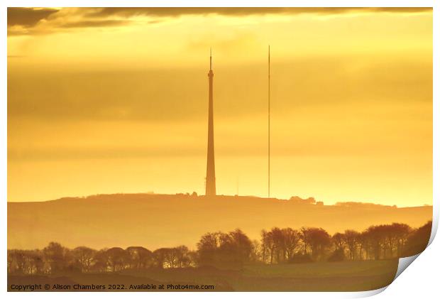Golden Dawn At Emley Moor Print by Alison Chambers