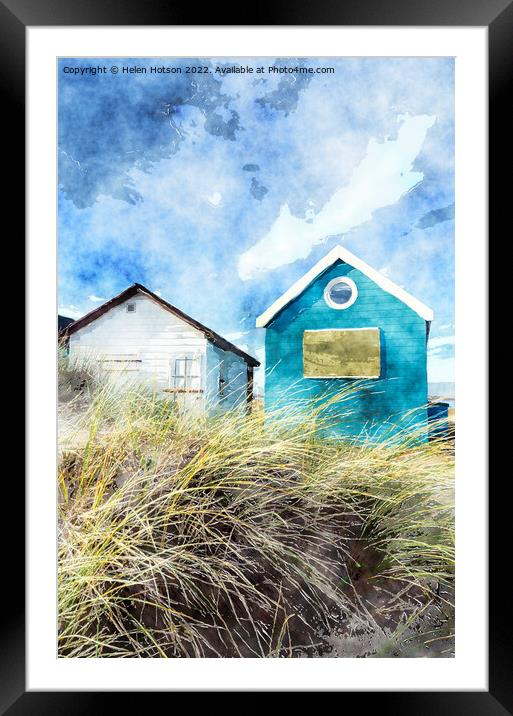 Blue & White Beach Huts Framed Mounted Print by Helen Hotson