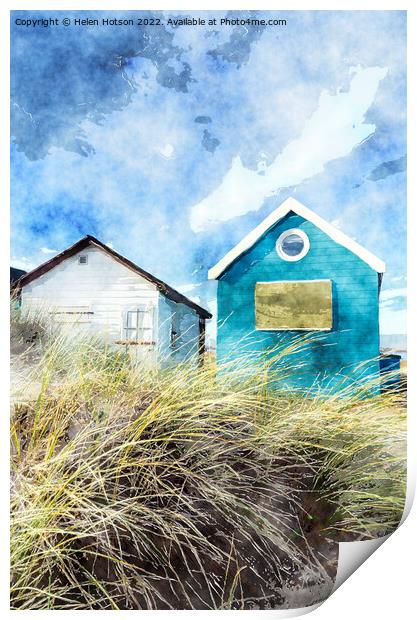 Blue & White Beach Huts Print by Helen Hotson