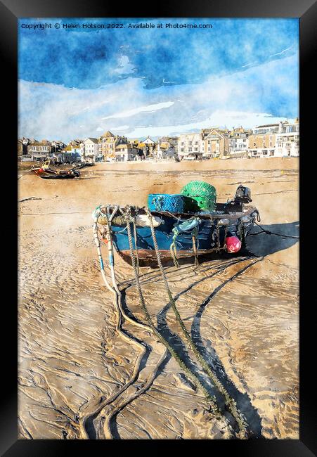 Fishing Boat on Beach Framed Print by Helen Hotson