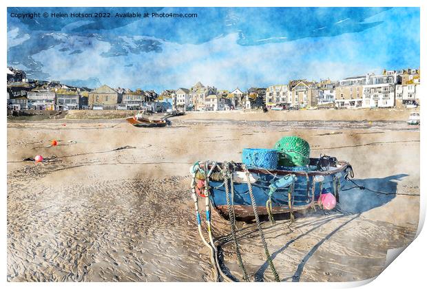 Fishing Boat on Beach Print by Helen Hotson
