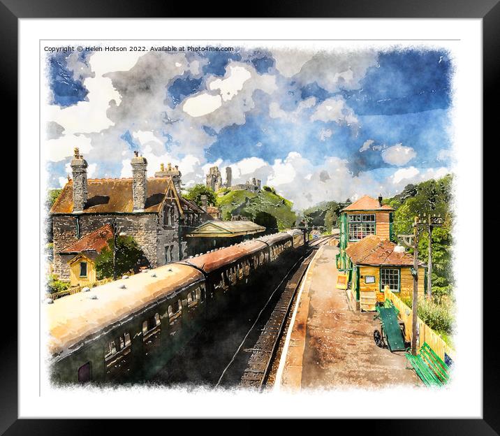 Steam Trains at Corfe Castle Station Framed Mounted Print by Helen Hotson