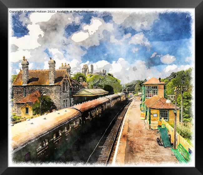 Steam Trains at Corfe Castle Station Framed Print by Helen Hotson