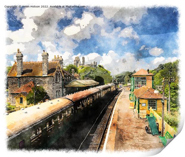 Steam Trains at Corfe Castle Station Print by Helen Hotson