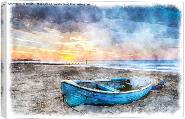 Blue Boat at Sunrise Canvas Print by Helen Hotson