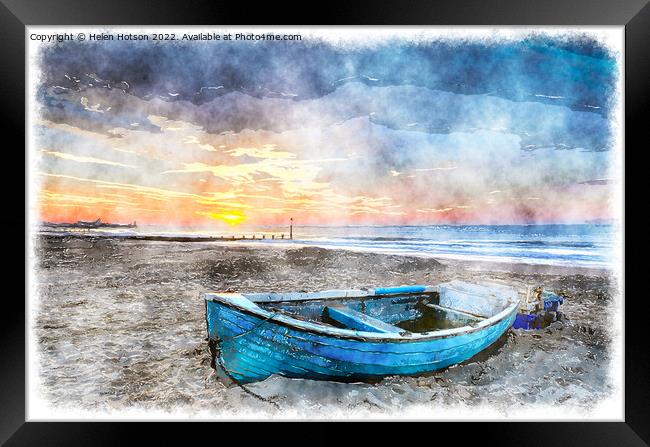 Blue Boat at Sunrise Framed Print by Helen Hotson