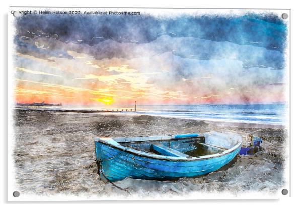 Blue Boat at Sunrise Acrylic by Helen Hotson