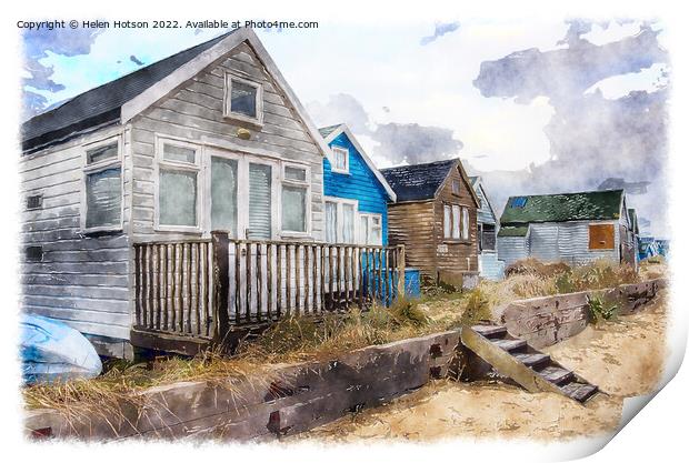 Beach Huts on Mudeford Spit Print by Helen Hotson