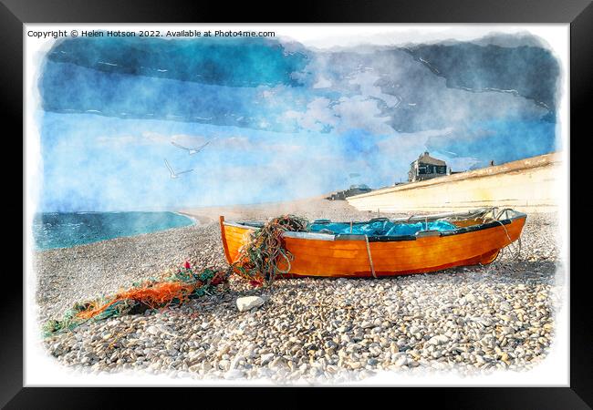 Fishing Boat on Chesil Beach Framed Print by Helen Hotson