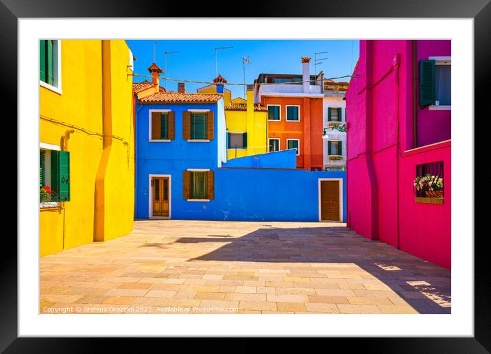 Burano island square and colourful houses, Venice, Italy Framed Mounted Print by Stefano Orazzini