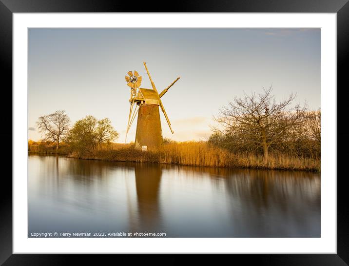 Serene Sunrise Over Turf Fen Mill Framed Mounted Print by Terry Newman