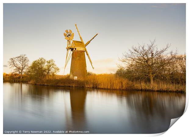Serene Sunrise Over Turf Fen Mill Print by Terry Newman