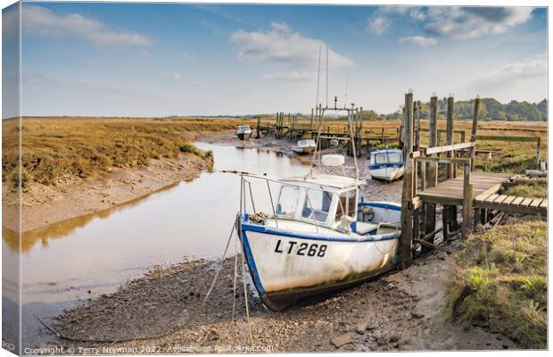Serene Boats Basking in the Tranquil Thornham Harb Canvas Print by Terry Newman