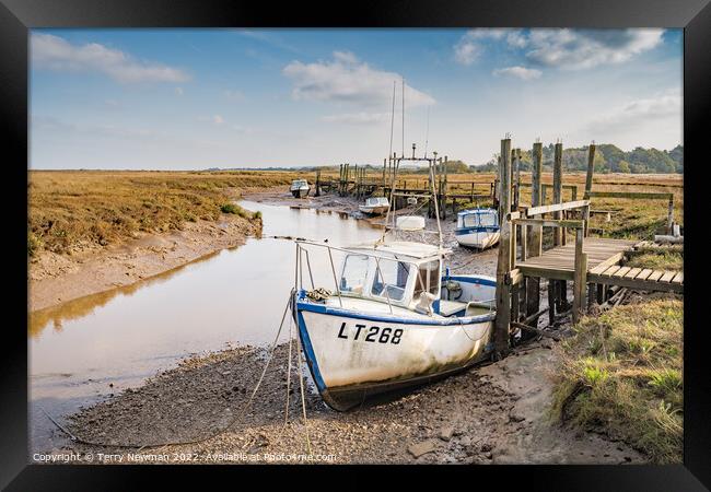Serene Boats Basking in the Tranquil Thornham Harb Framed Print by Terry Newman