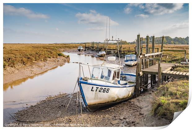 Serene Boats Basking in the Tranquil Thornham Harb Print by Terry Newman