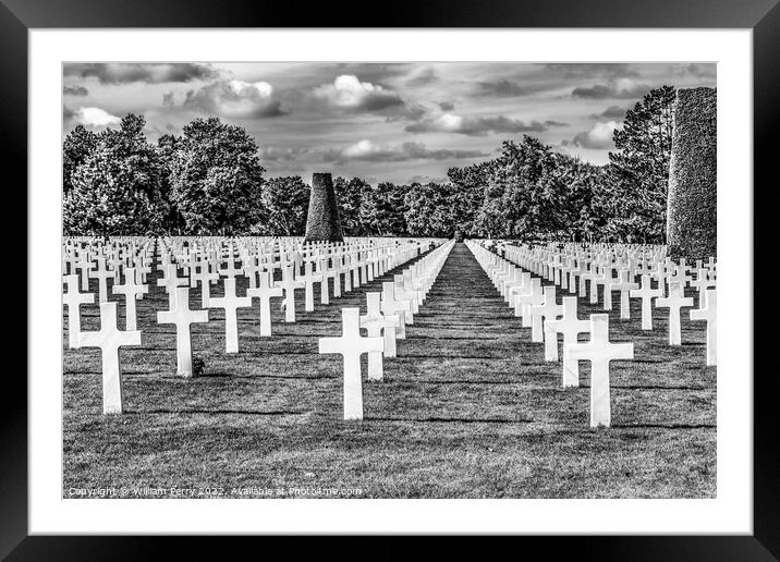 Black White American Military World War 2 Cemetery Normandy Fran Framed Mounted Print by William Perry