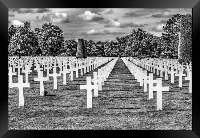 Black White American Military World War 2 Cemetery Normandy Fran Framed Print by William Perry