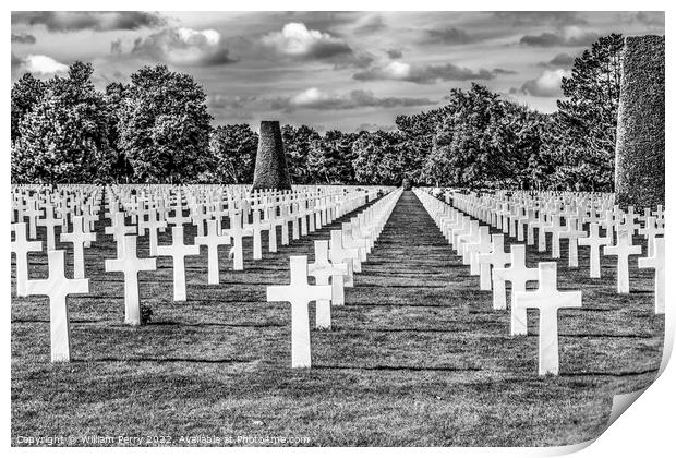 Black White American Military World War 2 Cemetery Normandy Fran Print by William Perry