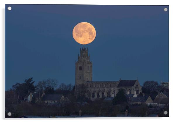 Wolf Moon setting over St Andrew's Chrurch, Sutton-in-the-Isle Acrylic by Andrew Sharpe