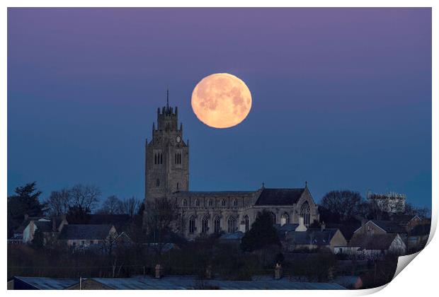 Wolf Moon setting over St Andrew's Chrurch, Sutton-in-the-Isle  Print by Andrew Sharpe