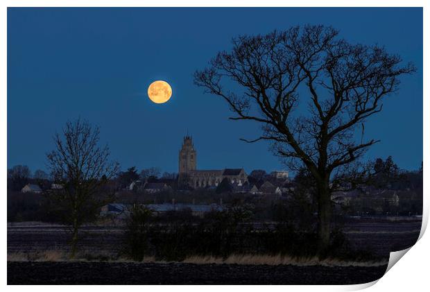 Wolf Moon setting over St Andrew's Chrurch, Sutton Print by Andrew Sharpe