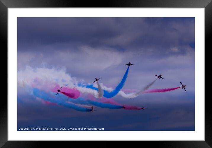 Nine Red Arrow aircraft performing manoeuvre Framed Mounted Print by Michael Shannon