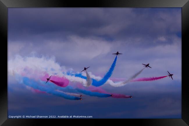 Nine Red Arrow aircraft performing manoeuvre Framed Print by Michael Shannon