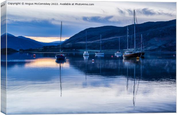 Yachts moored on Loch Broom at daybreak Canvas Print by Angus McComiskey
