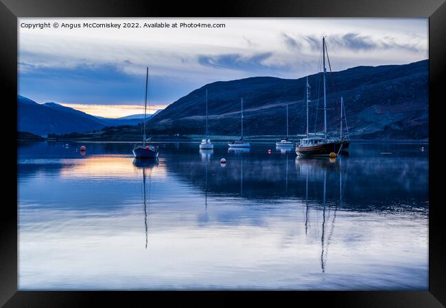 Yachts moored on Loch Broom at daybreak Framed Print by Angus McComiskey