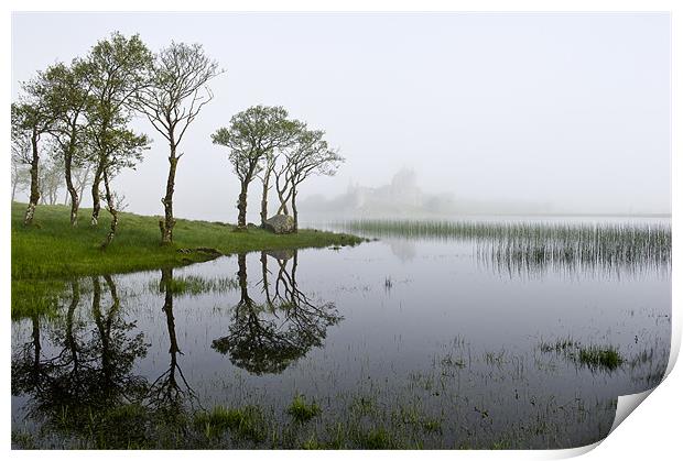Misty tree reflections Loch Awe Print by Gary Eason