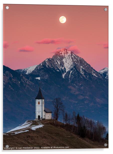 Full moon rising over Jamnik church and Storzic at sunset Acrylic by Ian Middleton
