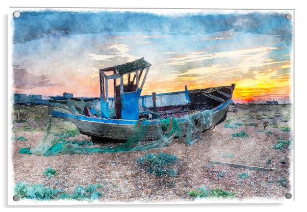 Dramatic Sunset over Fishing Boat Acrylic by Helen Hotson