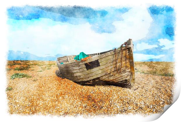 Old Fishing Boat on a Beach Print by Helen Hotson