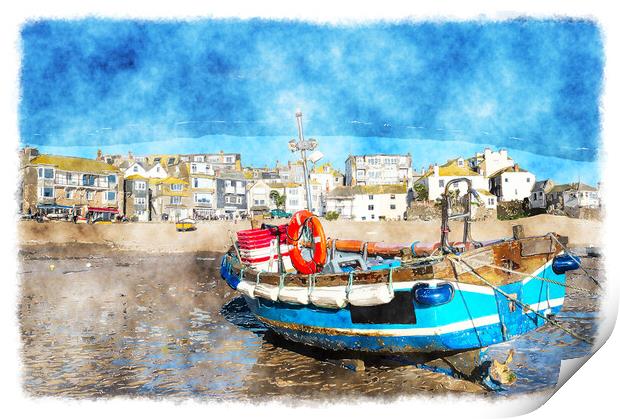 Fishing Boat at St Ives Print by Helen Hotson