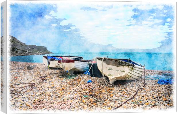 Boats at Chesil Cove Canvas Print by Helen Hotson