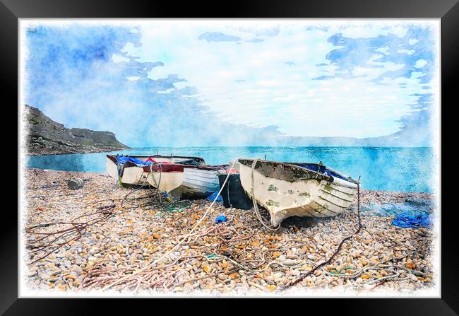 Boats at Chesil Cove Framed Print by Helen Hotson