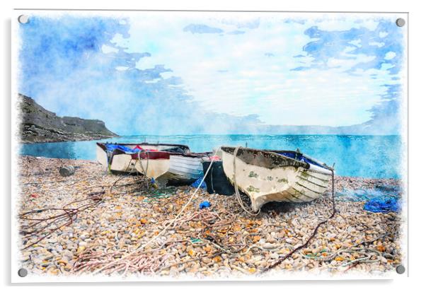 Boats at Chesil Cove Acrylic by Helen Hotson