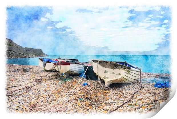 Boats at Chesil Cove Print by Helen Hotson