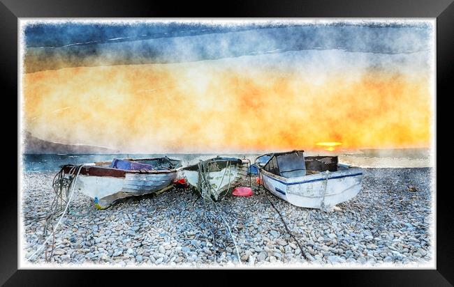 Boats on Chesil Beach Framed Print by Helen Hotson